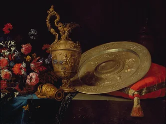 Nature morte avec fleurs et assiette